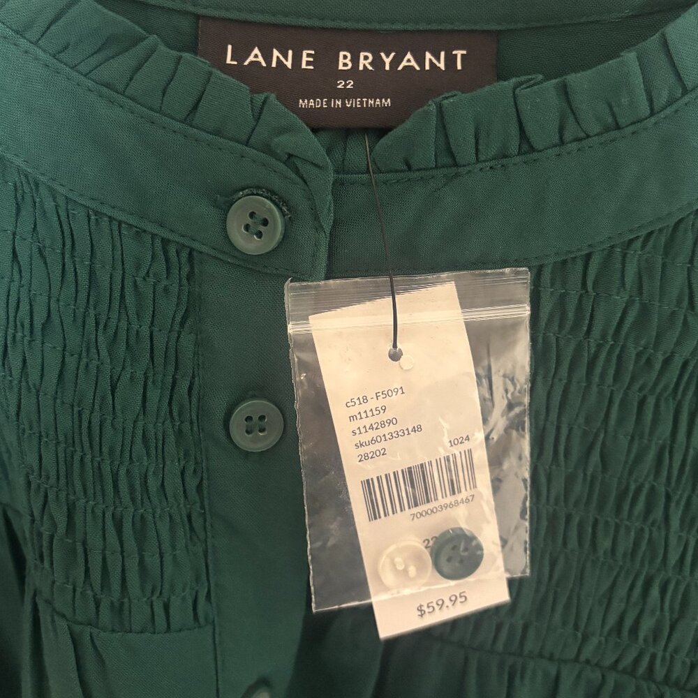 Lane Bryant Ruffle Neck Popover Blouse Top Green Bracelet Sleeve NTW Size 22 - Picture 7 of 8
